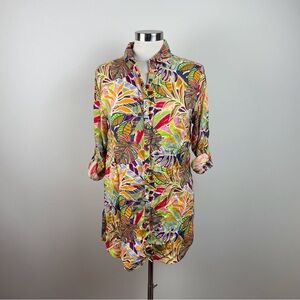 C&C California Linen Colorful Yellow Green Red Floral Tropical Button Down Top